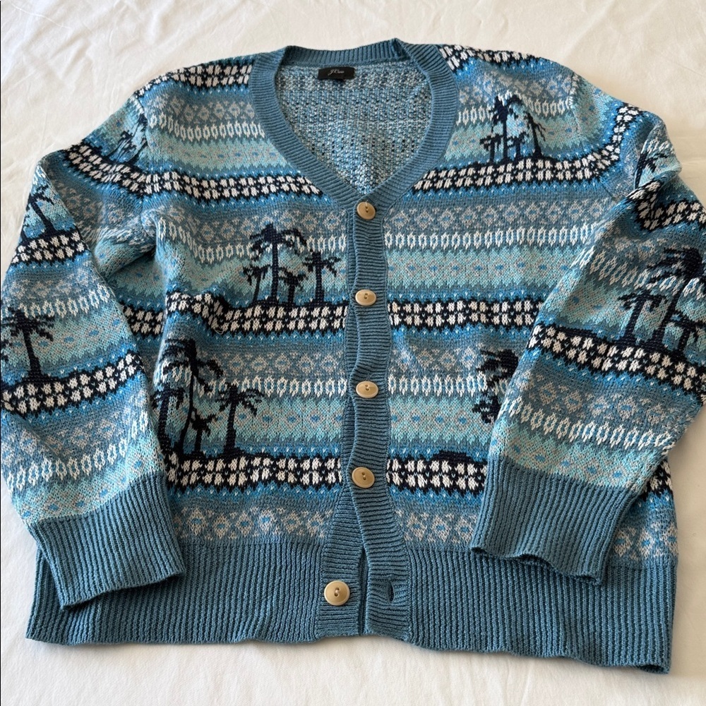 J. Crew Blue Patterned Cardigan Sweater